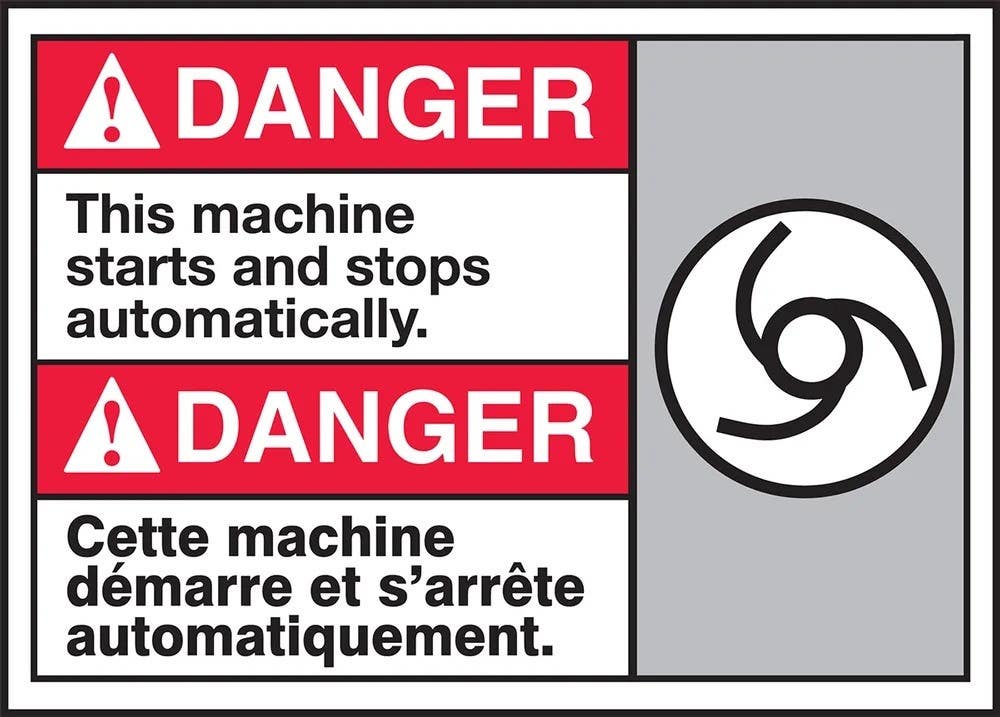 AccuformNMC MAFC192 Bilingual ANSI Danger Safety Sign, This Machine Stops And Starts Automatically, 10" H x 14" W