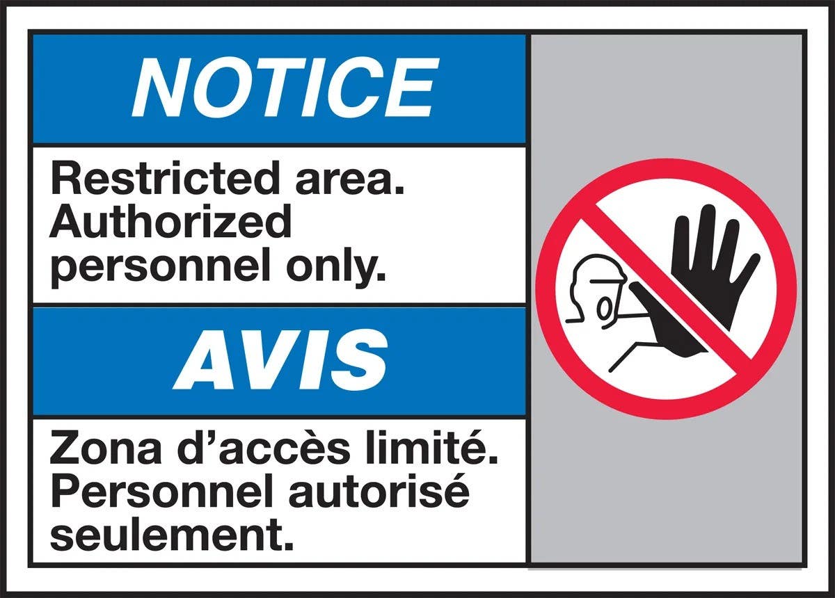 AccuformNMC MAFC811 Bilingual ANSI Notice Safety Sign, Restricted Area, Authorized Personnel Only, 10" H x 14" W