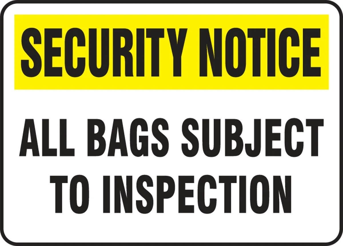 AccuformNMC MASE9 Security Notice Safety Sign, All Bags Subject To Inspection