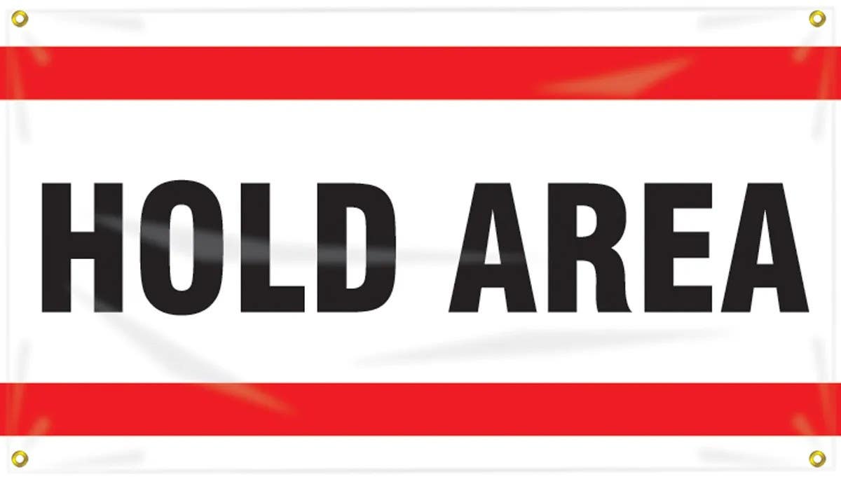 AccuformNMC MBC109 Quality Control Ceiling Banner, Hold Area, 28" H x 4' W