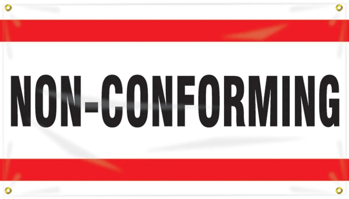 AccuformNMC MBC115 Quality Control Ceiling Banner, Non-Conforming, 28" H x 4' W