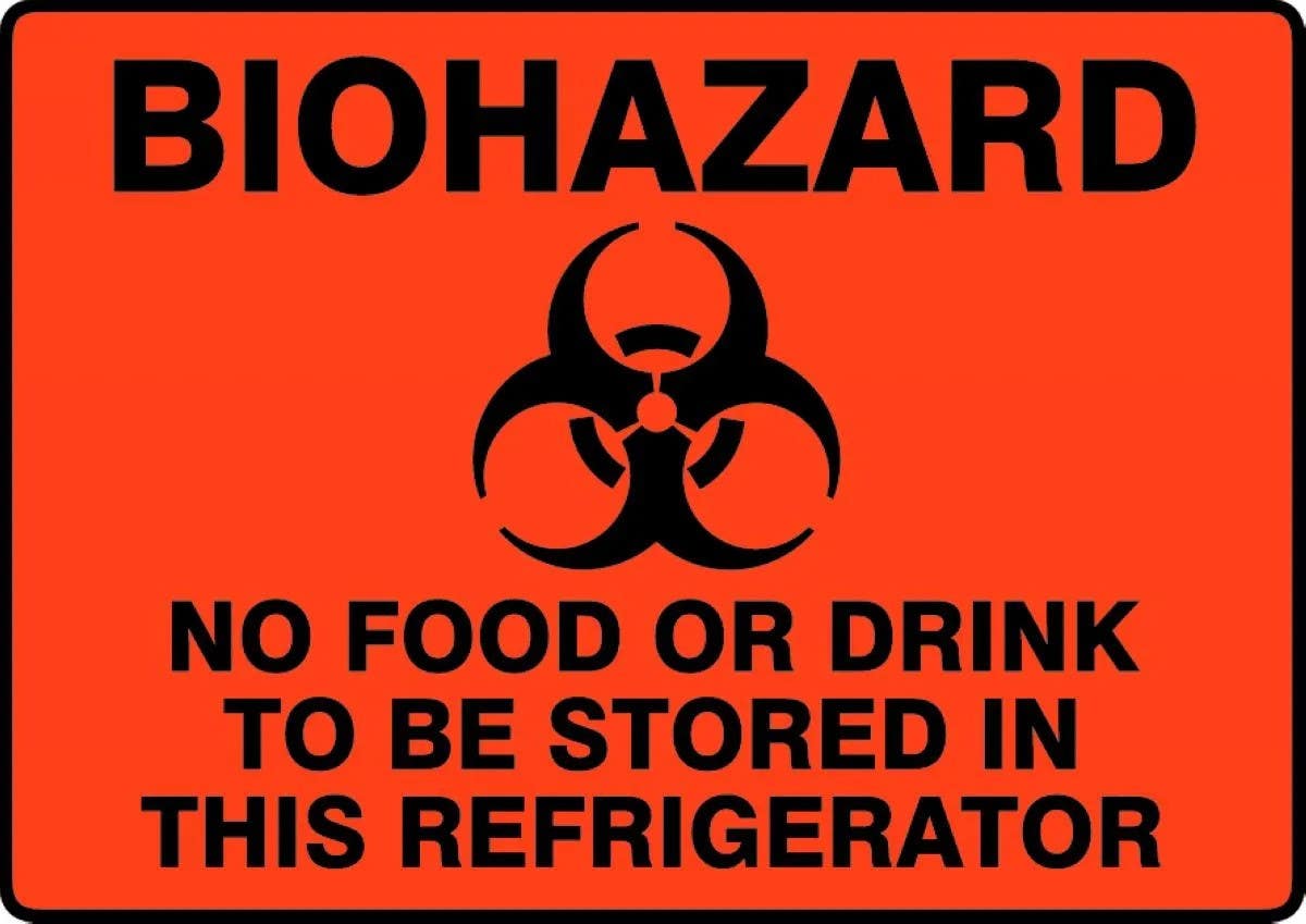 AccuformNMC MBHZ917 Biohazard Safety Sign, No Food Or Drink To Be Stored In This Refrigerator, 10" H x 14" W
