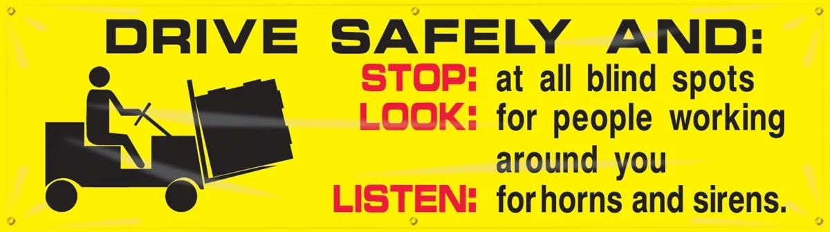 AccuformNMC MBR830 Safety Banners, Drive Safely And, Stop Look Listen, 28" H x 8' W