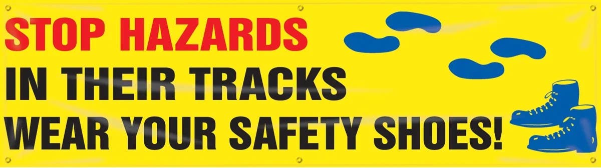 AccuformNMC MBR871 Safety Banners, Stop Hazards In Their Tracks, Wear Your Safety Shoes, 28" H x 8' W