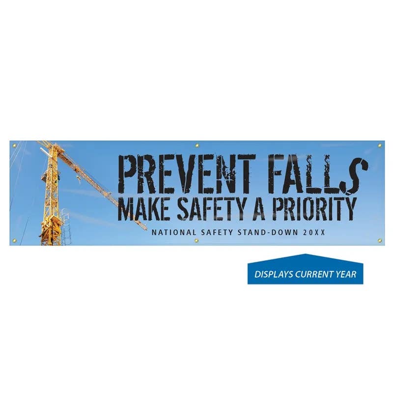 AccuformNMC MBR912 Motivational Banner, Prevent Falls, Make Safety A Priority…, Blue, 28" H x 8' W