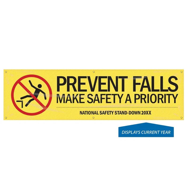 AccuformNMC MBR913 Motivational Banner, Prevent Falls, Make Safety A Priority…, Yellow, 28" H x 8' W