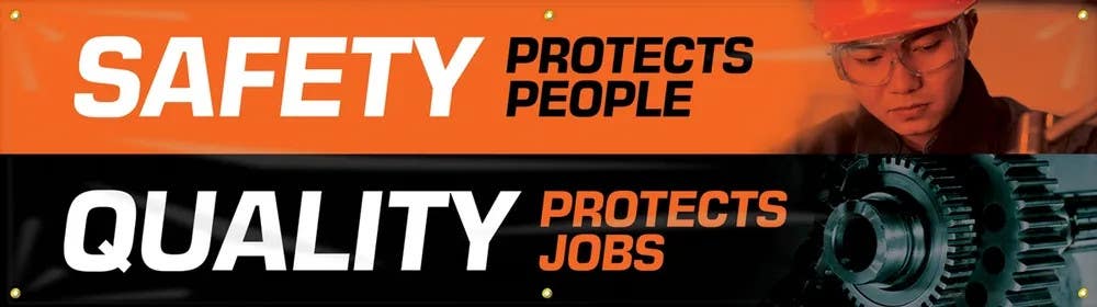 AccuformNMC MBR919 Safety Motivational Banners, Safety Protects People, Quality Protects Jobs, 28" H x 8' W