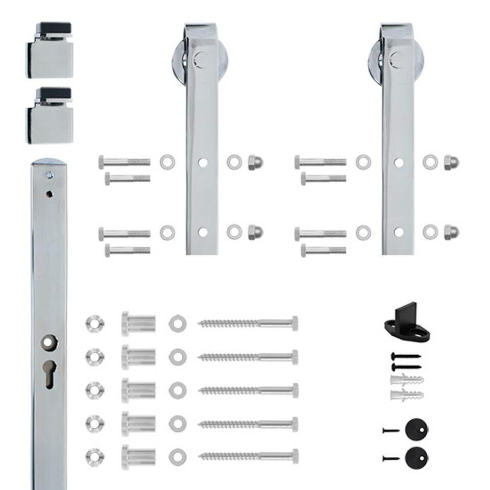 Custom Service Hardware NT.1400.09W-96.04 96" Designer's Collection Flat Rail Hook Strap Rolling Door Hardware Kit, Chrome