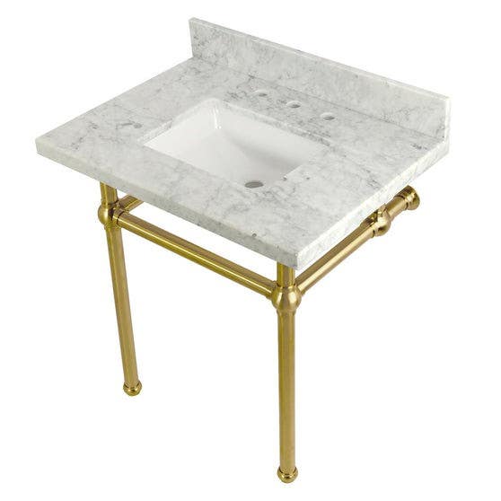 Kingston Brass KVPB3030MBSQ Marble Console Sink with Brass Feet, Carrara Marble, 30"