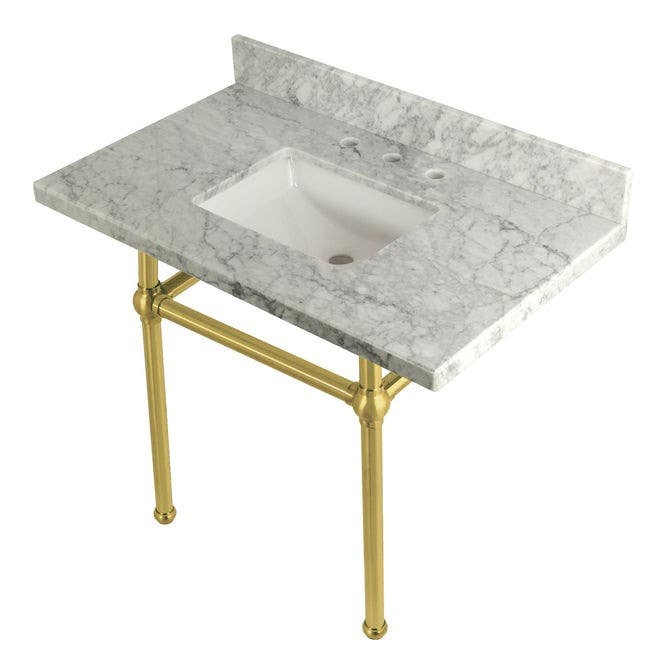 Kingston Brass KVPB3630MBSQ Marble Console Sink with Brass Feet, Carrara Marble, 36"