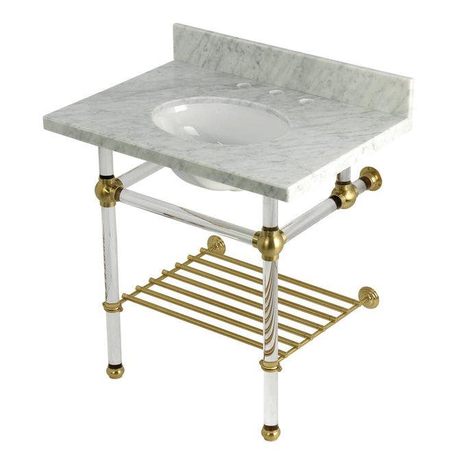 Kingston Brass KVPB3030MAB Console Sink with Acrylic Legs (8 in, 3 Hole), Carrara Marble, 30"