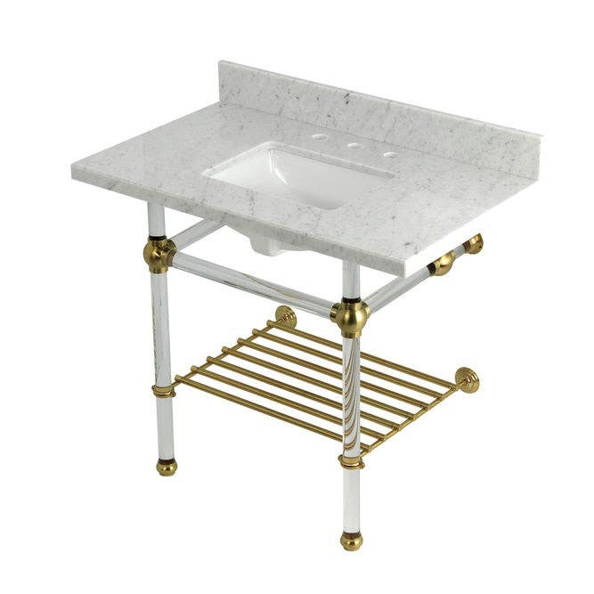 Kingston Brass KVPB3630MASQB Console Sink with Acrylic Legs (8 in, 3 Hole), Carrara Marble, 36"