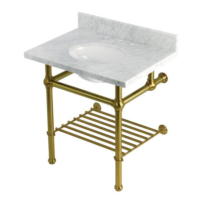 Kingston Brass KVPB3030MBB Console Sink with Brass Legs (8 in, 3 Hole), Carrara Marble, 30"