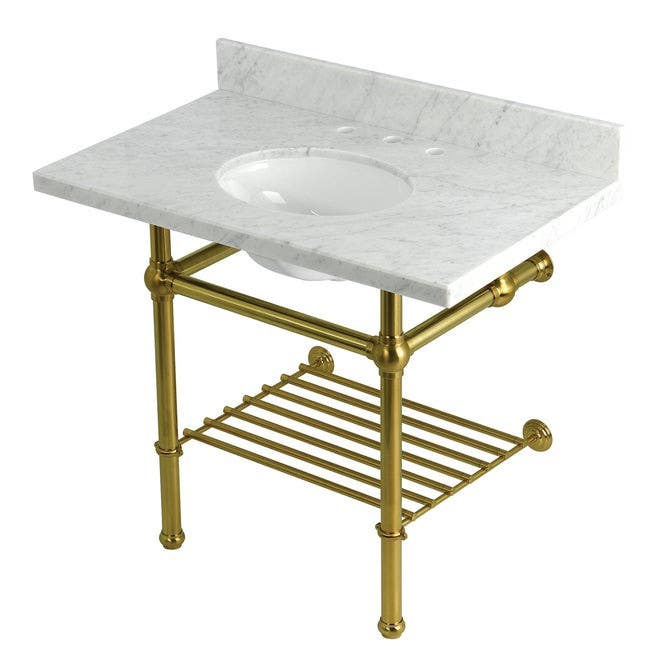 Kingston Brass KVPB3630MBB Console Sink with Brass Legs (8 in, 3 Hole), Carrara Marble, 36"