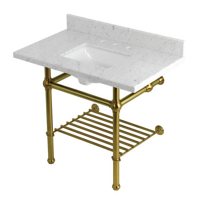 Kingston Brass KVPB3630MBSQB Console Sink with Brass Legs (8 in, 3 Hole), Carrara Marble, 36"