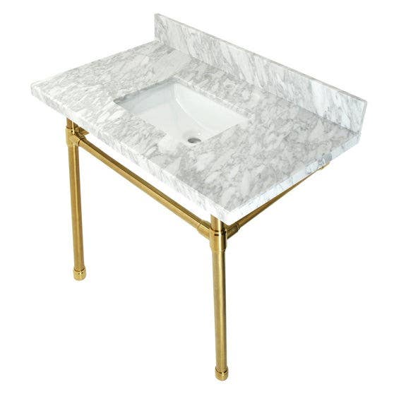 Kingston Brass KVPB36M8SQ Carrara Marble Vanity Top with Stainless Steel Legs, Marble White, 36"