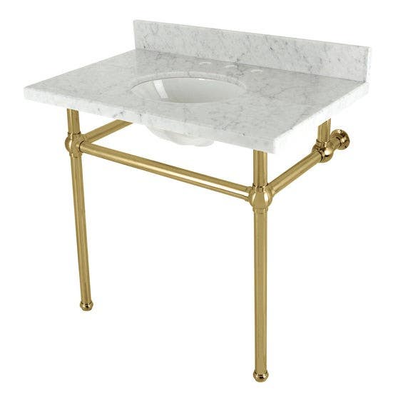 Kingston Brass KVBH3622M8 Console Sink with Brass Legs, Marble White, 36"