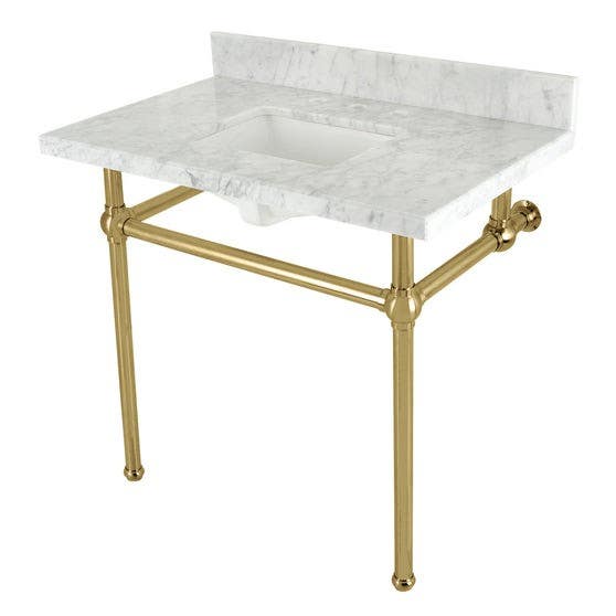 Kingston Brass KVBH3622M8SQ Console Sink with Brass Legs, Marble White, 36"