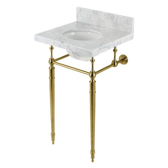 Kingston Brass KVPB1917M34 Carrara Marble Console Sink with Brass Legs (4" Faucet Drillings), Marble White