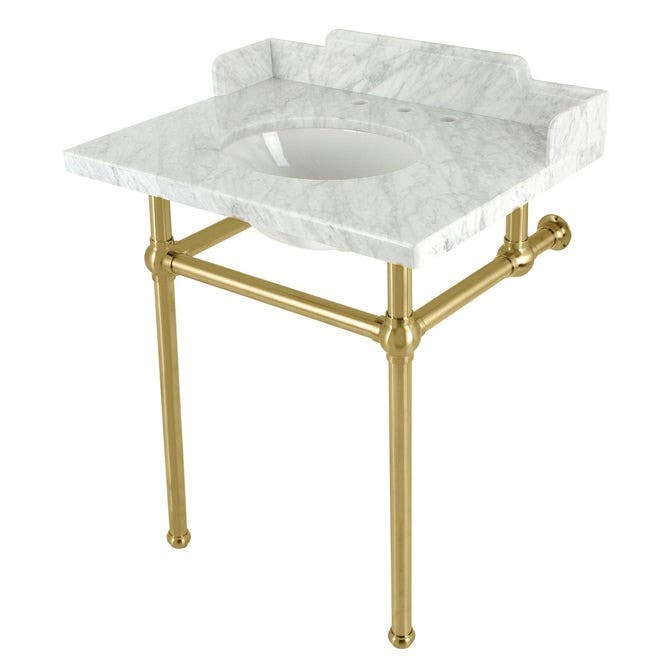 Kingston Brass LMS30MB Carrara Marble Console Sink with Brass Legs, Marble White, 30"