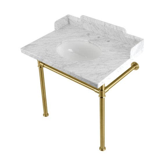 Kingston Brass LMS30M8 Carrara Marble Console Sink with Stainless Steel Legs, Marble White, 30"