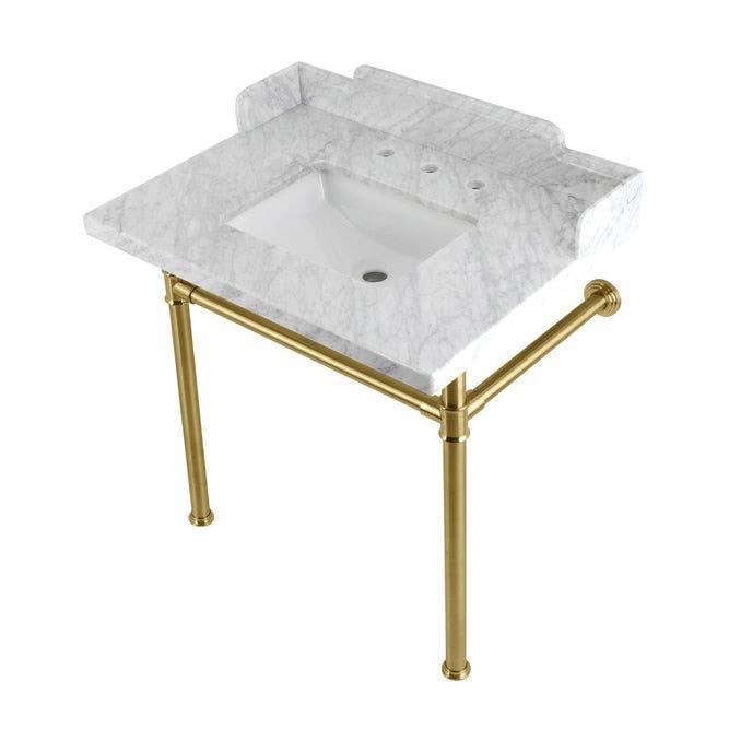 Kingston Brass LMS30M8SQ Carrara Marble Console Sink with Stainless Steel Legs, Marble White, 30"