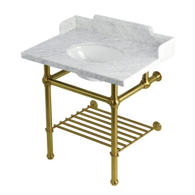Kingston Brass LMS3030MBB Console Sink with Brass Legs, Marble White, 30"
