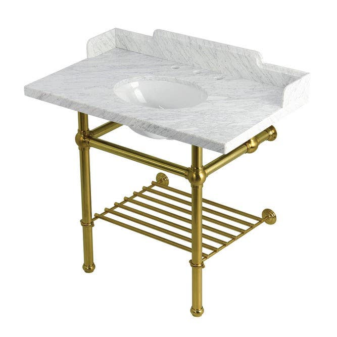 Kingston Brass LMS3630MBB Console Sink with Brass Legs, Marble White, 36"