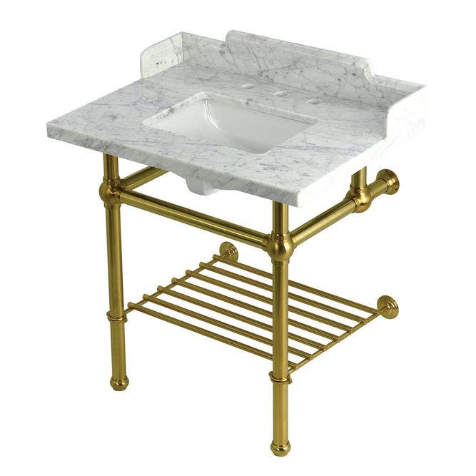 Kingston Brass LMS3030MBSQB Console Sink with Brass Legs, Marble White, 30"