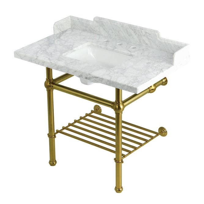 Kingston Brass LMS3630MBSQB Console Sink with Brass Legs, Marble White, 36"