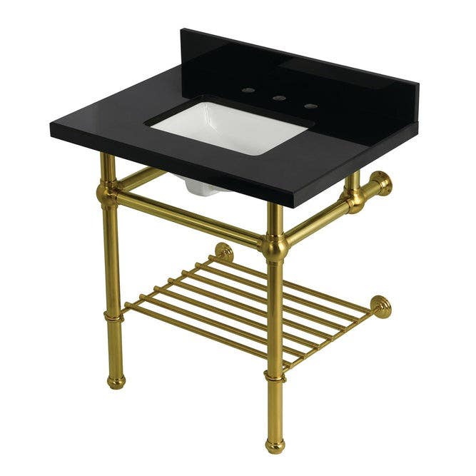 Kingston Brass KVPK3030KBSQB Console Sink with Brass Legs, Black Granite, 30"