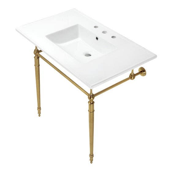 Kingston Brass KVPB37227W8 Ceramic Console Sink with Brass Legs, White, 37"