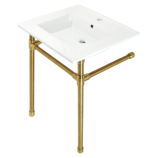 Kingston Brass KVPB252271 Ceramic Console Sink with Stainless Steel Legs, White, 25"