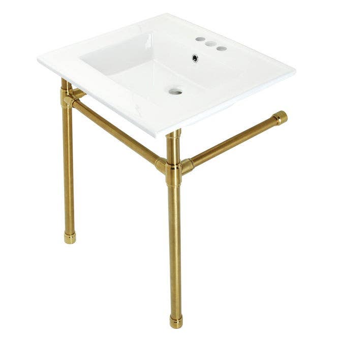 Kingston Brass KVPB25227W4 Ceramic Console Sink with Stainless Steel Legs, White, 25"