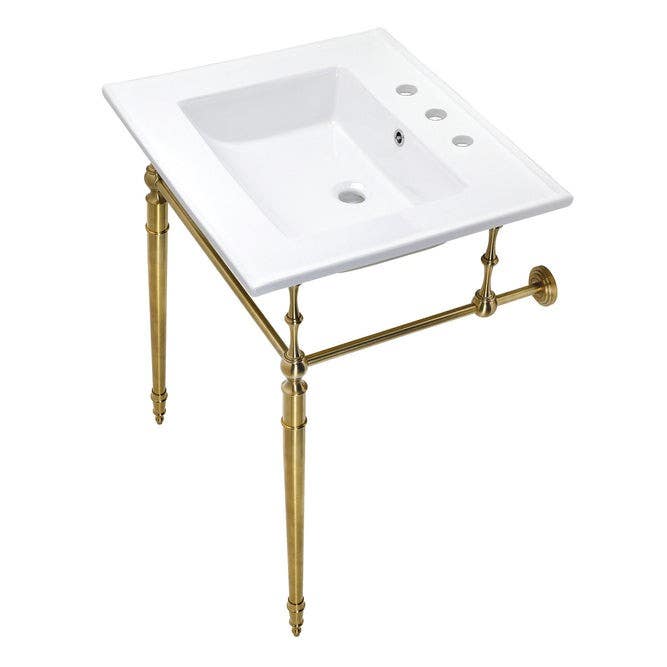 Kingston Brass KVPB25227W8 Ceramic Console Sink with Brass Legs, White, 25"