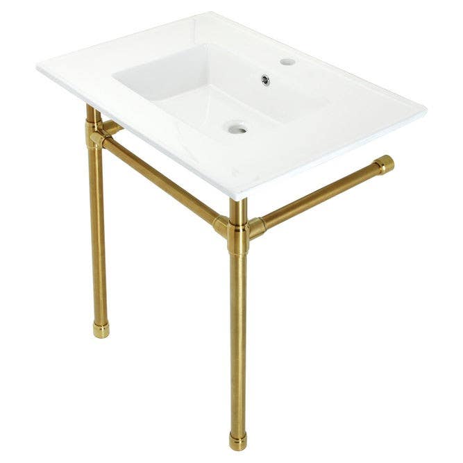 Kingston Brass KVPB312271 Ceramic Console Sink with Stainless Steel Legs, White, 31"