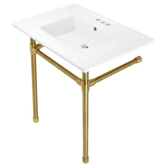 Kingston Brass KVPB31227W4 Ceramic Console Sink with Stainless Steel Legs, White, 31"