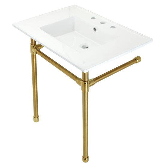 Kingston Brass KVPB31227W8 Ceramic Console Sink with Stainless Steel Legs, White, 31"