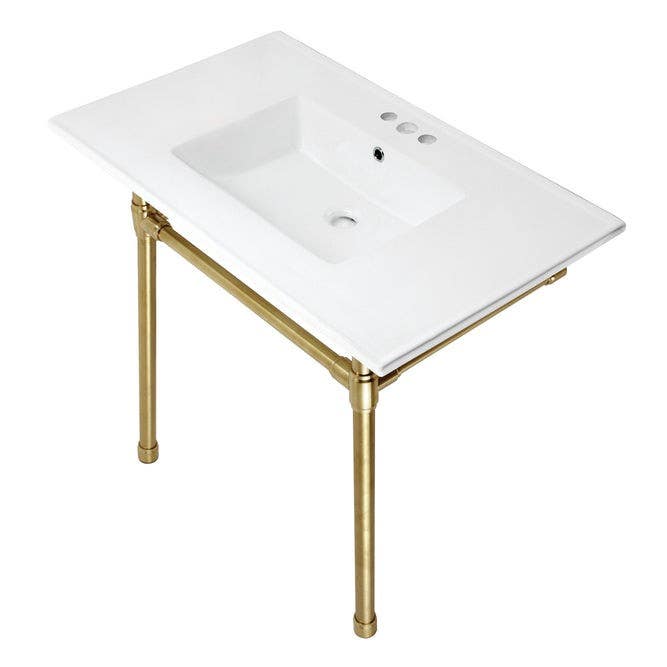 Kingston Brass KVPB37227W4 Ceramic Console Sink with Stainless Steel Legs, White, 37"