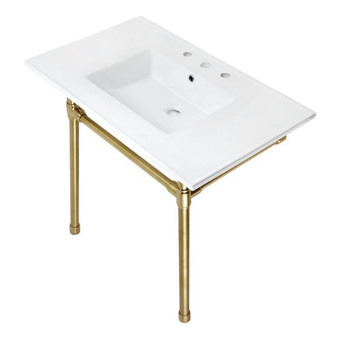 Kingston Brass KVPB37227W8 Ceramic Console Sink with Stainless Steel Legs, White, 37"