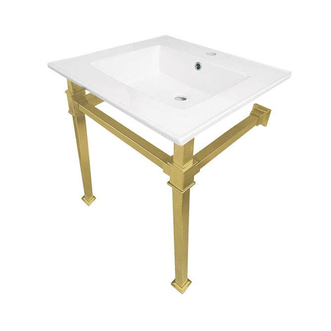 Kingston Brass KVPB Ceramic Console Sink with Stainless Steel Legs, White, Single Hole Faucet Center