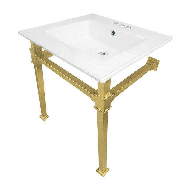 Kingston Brass KVPB25224Q Ceramic Console Sink with Stainless Steel Legs, White, 25"