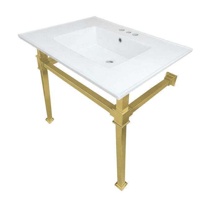 Kingston Brass KVPB31224Q Ceramic Console Sink with Stainless Steel Legs, White, 31"