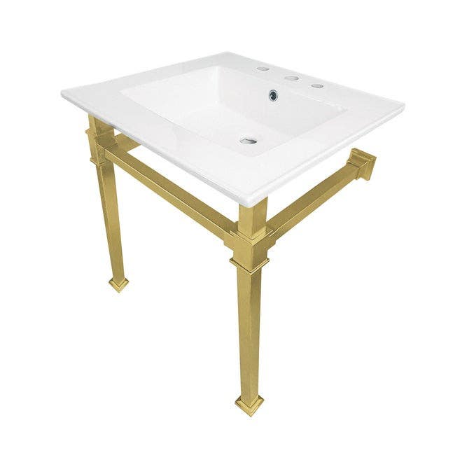 Kingston Brass KVPB Ceramic Console Sink with Stainless Steel Legs, White, 8" Faucet Center