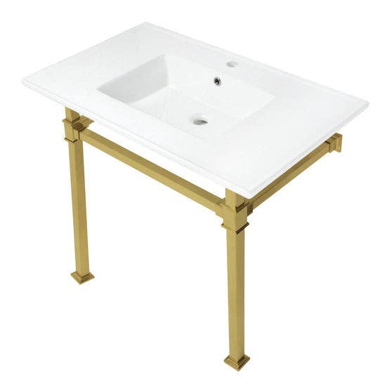 Kingston Brass KVPB37221Q Ceramic Console Sink with Stainless Steel Legs, White, 37"