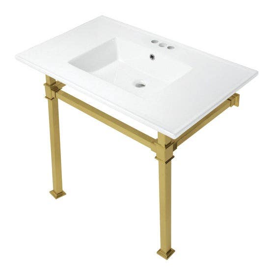 Kingston Brass KVPB37224Q Ceramic Console Sink with Stainless Steel Legs, White, 37"