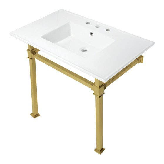 Kingston Brass KVPB37228Q Ceramic Console Sink with Stainless Steel Legs, White, 37"