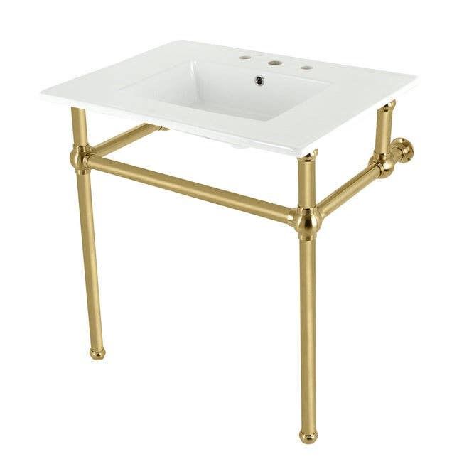 Kingston Brass KVBH31227W8B Ceramic Console Sink with Brass Legs (8 in, 3 Hole), White, 31"