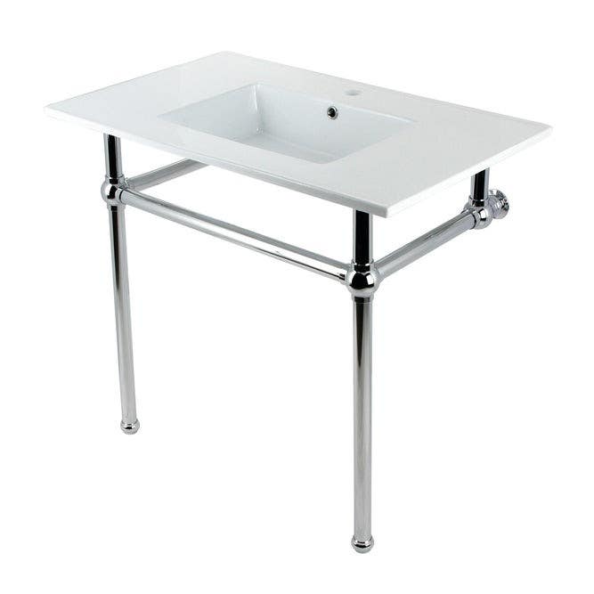 Kingston Brass KVBH37227 Ceramic Console Sink with Brass Legs (1 Hole), White, 37"