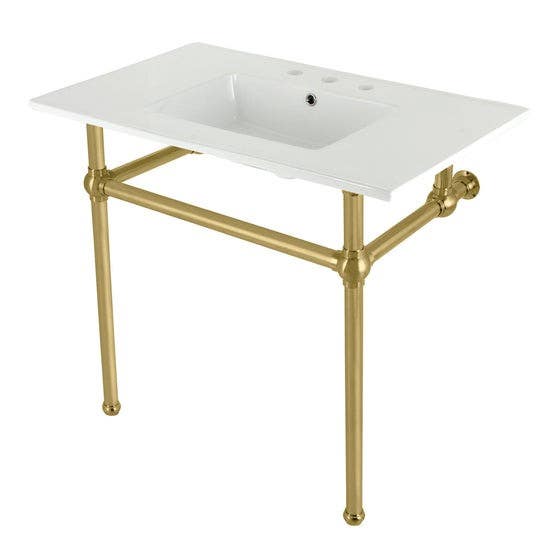 Kingston Brass KVBH37227W8 Console Sink with Brass Legs (8 in, 3 Hole), White, 37"